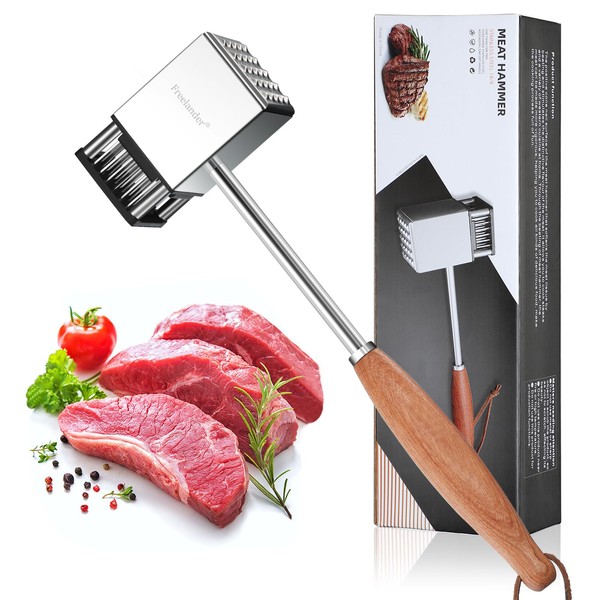 Freelander Meat Tenderiser 2 in 1, Meat Hammer 304 Stainless Steel with 36 Steel Blades and 25 Hammer Spikes, Chopper Steaker Made of Non-Slip Wooden Handle for Pork and Chicken
