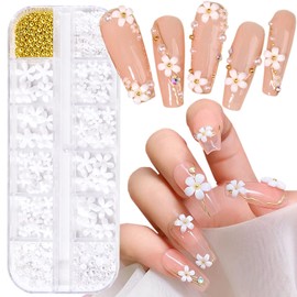 Flowers Nail Art Decorations, White Floral Pearl Beads Resin Nail Glitter Sequins, Five Petals Blossom Nail Studs Rhinestone Design for Nail Stickers Decals Foils, Women Girls Manicure Charms Supplies