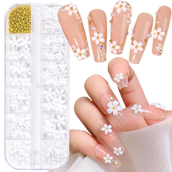 Flowers Nail Art Decorations, White Floral Pearl Beads Resin Nail