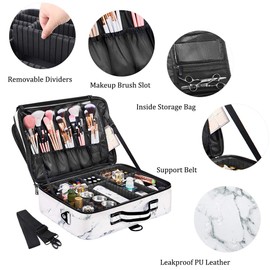 GZCZ Large Travel Makeup Bag PU Leather Cosmetic Case Organizer 16" Professional Makeup Train Case with Adjustable Dividers and Shoulder Strap for Makeup Brushes Toiletry Jewelry Digital Accessories