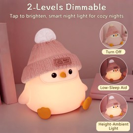 FAMIDUO Penguin Silicone Night Light, Cute Pink Penguin Lamp with Knitted Hat, Soft Nursery Nightlight, USB Rechargeable/Dimmable,LED Squishy Novelty Animal Bedside Lamp,Funny Gifts for Kids/Girls