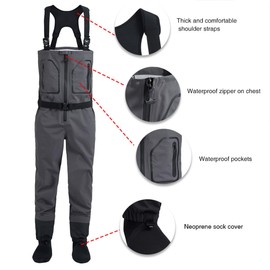FANGBLUE Fishing Waders Zip-Front Chest Waterproof Zippered Stockingfoot Grey Waders Welded Seams Upstream Wading Gear for Hunting (WM2-L)