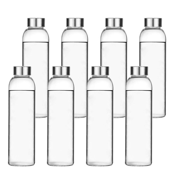 Encheng Glass Water/ Beverage Bottles with Leakproof Stainless Steel Cap, Reusable to Go Travel Juice Bottles / Drinkware for Drink, Sauce 8 Pack, 16oz / 500ml