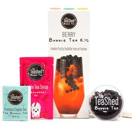 Berry Bubble Tea Kit | Fruit Boba Tea Set Includes Strawberry Syrup, Blueberry Popping Boba, Tea Bag and Paper Straw | by THE TEASHED