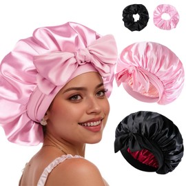 Syvvste 4PCS Satin Bonnet Double Layer Silk Sleep Cap for Sleeping Hair Bonnets with Elastic Tie Band for Curly Natural Hair black+pink