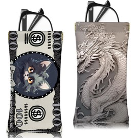 Zewurtuw 2 PCS Glasses Sunglasses Eyeglass Case Pouch Soft PU Leather with Cleaning Cloth Cute Aesthetic for Women Girls Men (B15-Cat Dragon)