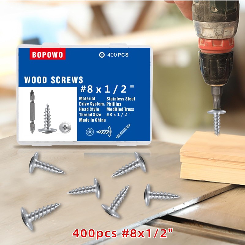 Bopowo (400pcs)#8x1/2 SUS410 Truss Head Wood Screws Quick Metal Self