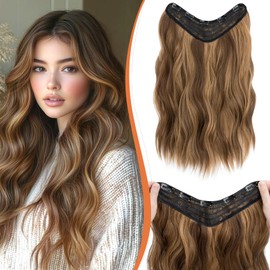 Benehair 18 Inch Clip in Hair Extensions Long Curly Wave Clips in One Piece 5 Clips Extensions Synthetic Fiber Full Head Natural Looking Hair Piece for Women(Medium Brown mix Light Brown, 160g)