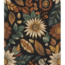 Boho Wallpaper Peel and Stick,Vintage Black Brown/Green Floral Contact Paper 17.5" x 118", Retro Flower Botanical Wall Paper Self Adhesive Removable Waterproof for Walls Shelves Cabinet Table Decor