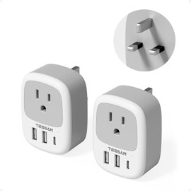 2 Pack UK Adapters for Travel, TESSAN Ireland Plug Adapter with 3 USB Ports (1 USB C), Type G Power Outlet for US to UK Scotland England Dubai Hong Kong London British Kenya Irish Qatar