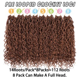14 Inch 8 Packs Brown Goddess Locs Crochet Hair Pre Looped Faux Locs Crochet Hair For Women Soft Boho Hippie Locs Hair Extension Synthetic