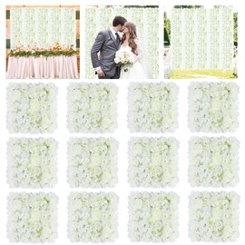 FANPROMS White Artificial Flower Backdrop - 12pcs 15x15 Inch 3D Floral Wall Panels for Wedding Party Photoshoot Background Decorations