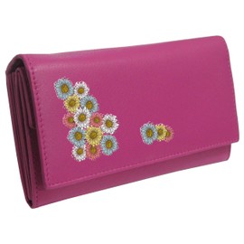 Klassek Sun Flowers Womans Pink Purse Tumbling Brand Image on Real Animal Leather Multi Coloured Heads Accessory Gift