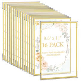 EHWINE 16 Pack 8.5 x 11 Acrylic Sign Holder Wall Mount, Gold Acrylic Picture Frame for Photo Menu Flyer Display, Wedding Party Home Hotel Store(with Adhesive Tape)