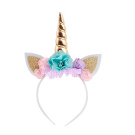 Nishine Gold Glitter Unicorn Horn Headband Cat Ear Flower Head Bands Accessory for Unicorn Birthday Party Supplies(Gold)