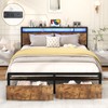 Kiivakii Queen Size Bed Frame, LED Storage Headboard with Charging