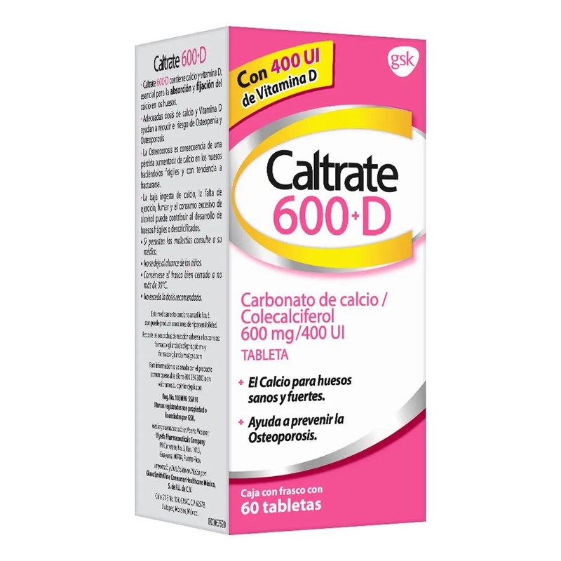 Caltrate Suplemento de Calcio 600 D 600mg 400 UI Frasco,