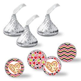 Cute Heart-Shaped Pizza Valentine's Day Birthday Kiss Sticker Labels, 300 Party Circle Sticker sized 0.75” for Chocolate Drop Kisses by AmandaCreation, Great for Party Favors & Goodie Bags