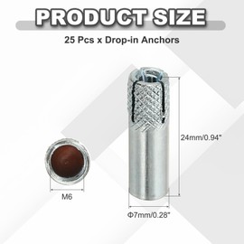 PATIKIL M6 Drop-in Anchors, 25 Pcs Zinc Plated Carbon Steel Solid Knurled Concrete Anchors Internal Forced Expansion Screw Bolts for Solid Concrete Drywall, Silver