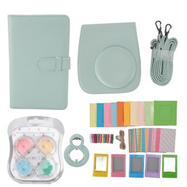 Instant Camera Protective Case with Photo Frames Album Shoulder Strap Selfie Mirror Filters Stickers PU Leather Camera Bag for Instax Mini12 Mint Green