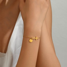 Jewigo Cross Bracelet for Women Dainty 18K Gold Plated Cross Initial Bracelets Simple Gold Letter Bracelet Confirmation Gift