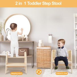 comfoyar Wooden Toddler Step Stool, 2 Step Stool for Kids with Handles and Anti Slip Pad, Convertible Back Chair, Height Adjustable Potty Training Helper Stool for Bathroom Sink, Bedroom
