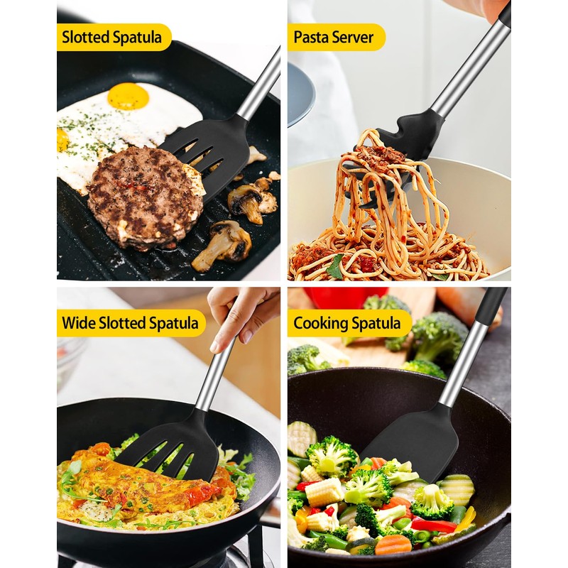 Silicone Cooking Utensil Set, 8Pcs Non-stick Cookware with Stainless Steel