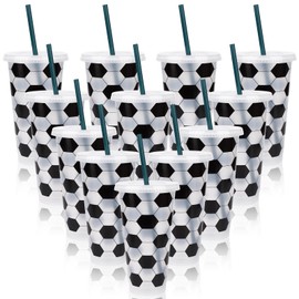 Kklolai 10 Pcs 25 Oz Plastic Soccer Cups Reusable Tumbler with Lid and Straw Soccer Birthday Party Gifts for Coach Fan Men Women Sports Game Team Decoration