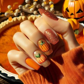 Orange Press on Nails Medium Square Fake Nails Cute Pumpkin False Nails with Glitter Design Autumn Artificial Nails Fall Acrylic Nails Thanksgiving Full Cover Glue on Nails for Women 24Pcs