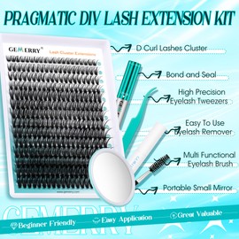 GEMERRY Fluffy Lash Extension Kit Thick Lash Clusters Kit Eyelash Clusters 280Pcs D Curl Eyelash Extension Kit With Lash Bond and Seal, Lash Remover, Lash Tweezers, DIY Lash Extension(80P-10-18mm)