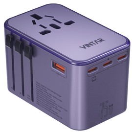 Universal Travel Adapter, VINTAR 75W GaN International Power Adapter with 3 USB-C PD and 2 USB-A QC Chrging Ports, All-in-one Outlet Converter Wall Charger for Europe UK USA AUS(Type C/G/A/I), Purple