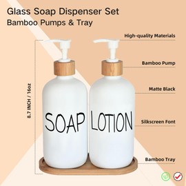White Soap Dispenser Bathroom Set, Set with Glass Dispenser, Bamboo Pumps & Tray. Hand and Lotion Suitable for Farmhouse Decor