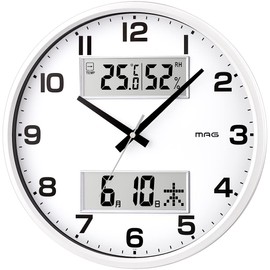MAG Wall Clock, Wall-Mounted Clock, Analog, Thermometer, Hygrometer, Temperature and Humidity Meter, Calendar, Silent, Continuous Second Hand, Diameter 12.6 inches (32.0 cm), White, Double Post, W-766