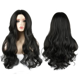 TMBMLPP 27.5 Inches / 70 cm Long Wavy Black Wig for Women Girls, Long Curly Black Adjustable Size, Women Synthetic Hair Wig, Wig Party Wig for Party Cosplay (Black)