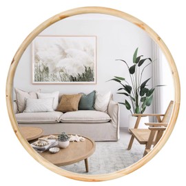 sawsile Round Wood Mirror 24" Natural Circle Decorative Nursery Farmhouse Rustic Large Mirror for Living Room, Fireplace,Hallway,Farmhouse