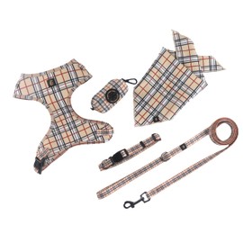 Adjustable Dog Harness, Leash, Poop Bag Holder/Dispenser and Bandana Set, No Pull, Soft Mesh Padded, for Small/Medium Dogs Outdoor Walking/Running (Medium, Furberryplaid)