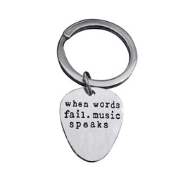 Art Attack When Words Fail Music Speaks Keychain, Electric Guitar Pick Rock N Roll Love Metal Pendant Charm Key Chain Ring (Silver)