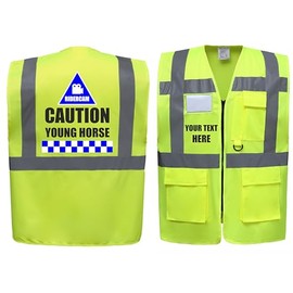 Ridercam Caution Young Horse Equestrian Zipped Yellow Hi Vis Safety Vest Horse Riding Reflective Waistcoat Road Safety High Visibility Rider, Can Personalise. (Yellow, Medium)