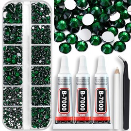 Towenm Rhinestone Bedazzler Kit with B7000 Glue, 4000PCS Green Rhinestones for Crafts Clothes Shoes, Glue Fix Flatback Gems for Nails Face Jewelry, Mixed 5 Sizes 2/3/4/5/6mm Gemstones Bejeweled Kit