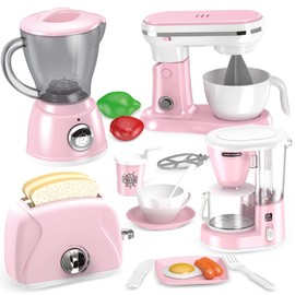 Shemira Play Kitchen Accessories, Play Kitchen Appliances Toy Set with Coffee Maker, Blender, Mixer, Toaster, Kids Kitchen Playset, Toys for 3 4 5 6 7 8 Year Old Girls, Birthday Gifts for Girls, Pink