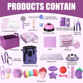 Abbylike 50 Pcs Puppy Supplies Starter Kit for Small Dogs Puppy Essentials Includes Leash, Bowls, Teeth Brushes, Water Bottle, and More Accessories for Dogs Christmas Welcome Gift(Purple)