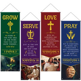 Hahafelt 4 Pcs Church Banners, 2 x 6 Feet Church Banners For Sanctuary Wall Worship Bible Verse Religious Praise Christian Hanging Signs for Event Easter Decor