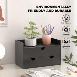 Bamboo Desk Organizer with Drawers Desktop Storage Drawers for Bills Office Supplies Kitchen Utensils Organizing Tool for Home Classroom Organization No Assembly (Black with Shelf)