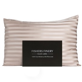 Fishers Finery 30mm 100% Pure Mulberry Silk Pillowcase, Good Housekeeping Quality Tested (Taupe Stripe, Queen)