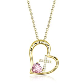 BAOWING Birthstone Cross Necklace for Little Girls Baptism First Communion Gifts Easter Birthday Christmas Gifts Kids Girls Jewelry for Goddaughter Godchild Teens Women 14K Gold Plated October