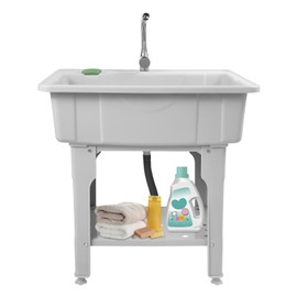 Freestanding Plastic Laundry Sink with Washboard, Home Laundry & Utility Sinks with Cold & Hot Water Faucet, Heavy Duty Indoor Outdoor Utility Sink for Washing Room Basement Garage Garden Laundry Room