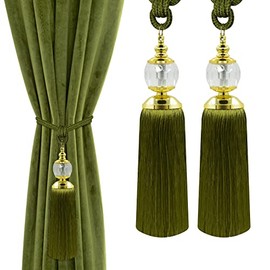 Tassel Curtain Tiebacks Green Tie Backs for Curtains Crystal Beads Curtain Tassels Holder, Curtain Holders for Drapes Ties Hand-Woven Farmhouse Curtains Tassel Tie Back Rope 2 Pack