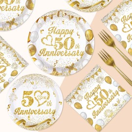 Grencian 96pcs 50th Wedding Anniversary Decorations,Golden 50th Anniversary Party Plates and napkins,White and Gold Paper Tableware set Party Supplies Party Favors for Men Women,Serve 24