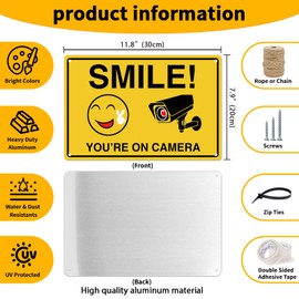Smile You’re on Camera Sign, Video Surveillance Signs Outdoor, UV Printed Rust Free Aluminum 11.8 x 7.9 in, Security Camera Sign for Home, Business, Driveway Alert, CCTV(022)