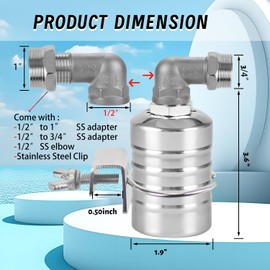 MEUPMEOP Float Valve, 1/2" to 3/4" 1" 304 Stainless Steel Fully Automatic Water Level Controller, Automatic Water Level Control Float Valve for Water Tank, Livestock Troughs, Pool, Distiller
